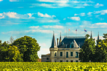 Atlantikküste Frankreich Schloss in Margaux mit Weinberg im Vordergrund