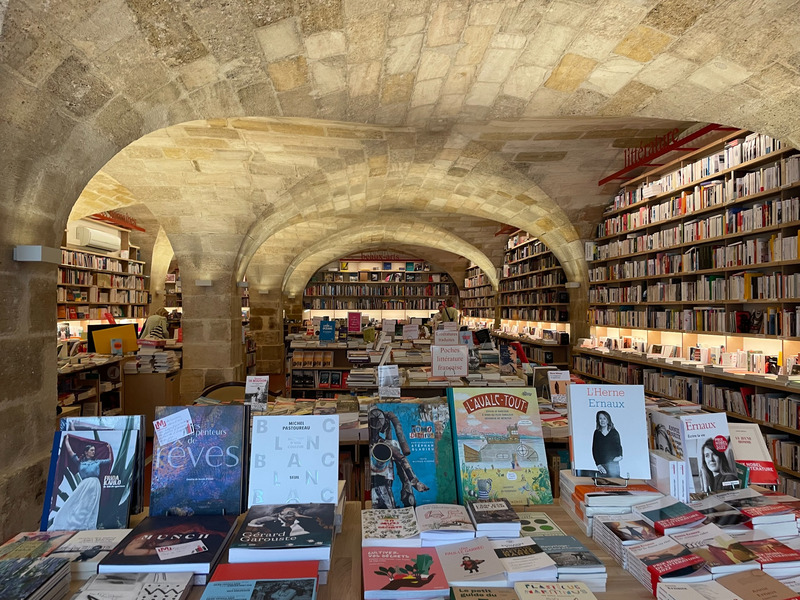 Buchhandlung in Bordeaux mit steinernem Gewölbe und langen Regalen