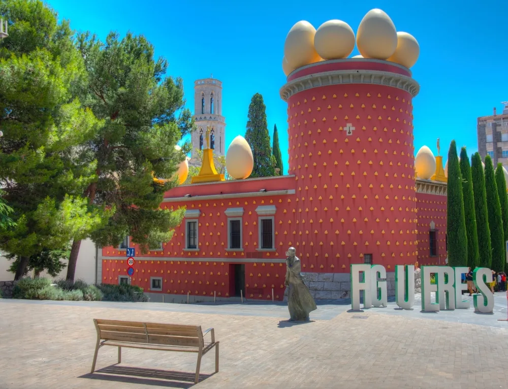 Rote Fassade mit goldenen Eierskulpturen des Dalí-Theater-Museums in Figueres unter blauem Himmel