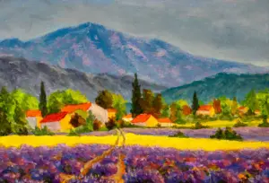 Impressionistisches Gemälde: Häuser in Lavendelfeldern bei Sonnenaufgang